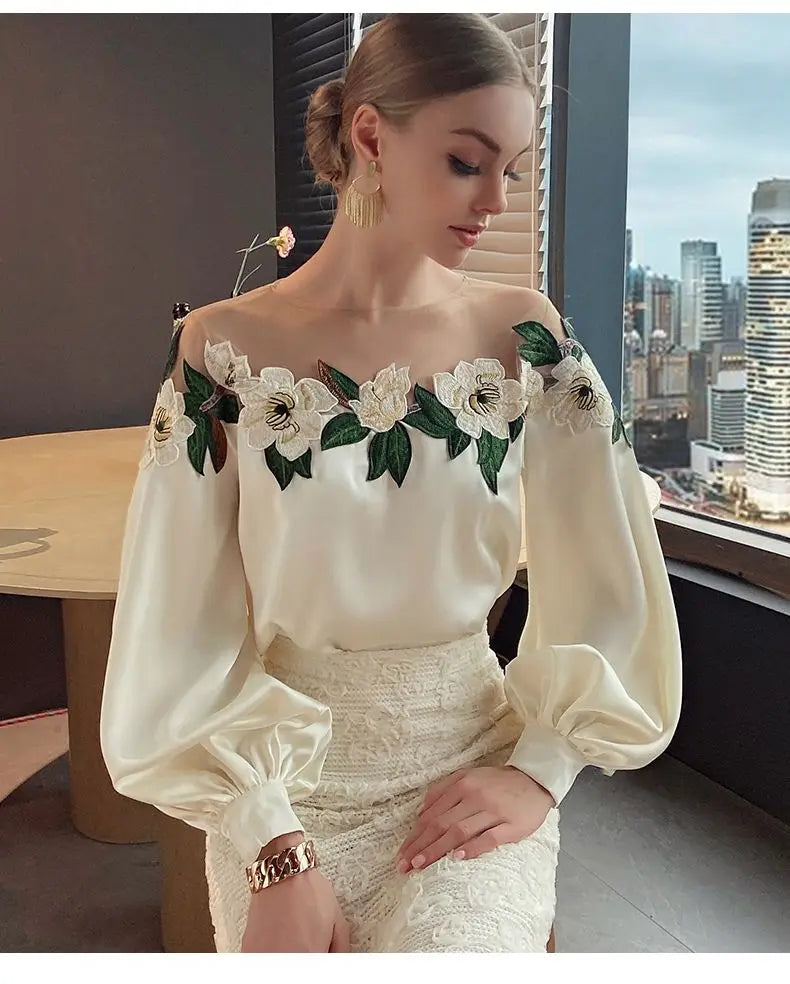 Summer Women Long Sleeve Off Shoulder Mesh Spliced Satin Embroidered Shirt Women Tops Shirts for Women Blusa Chifon Blouse C270