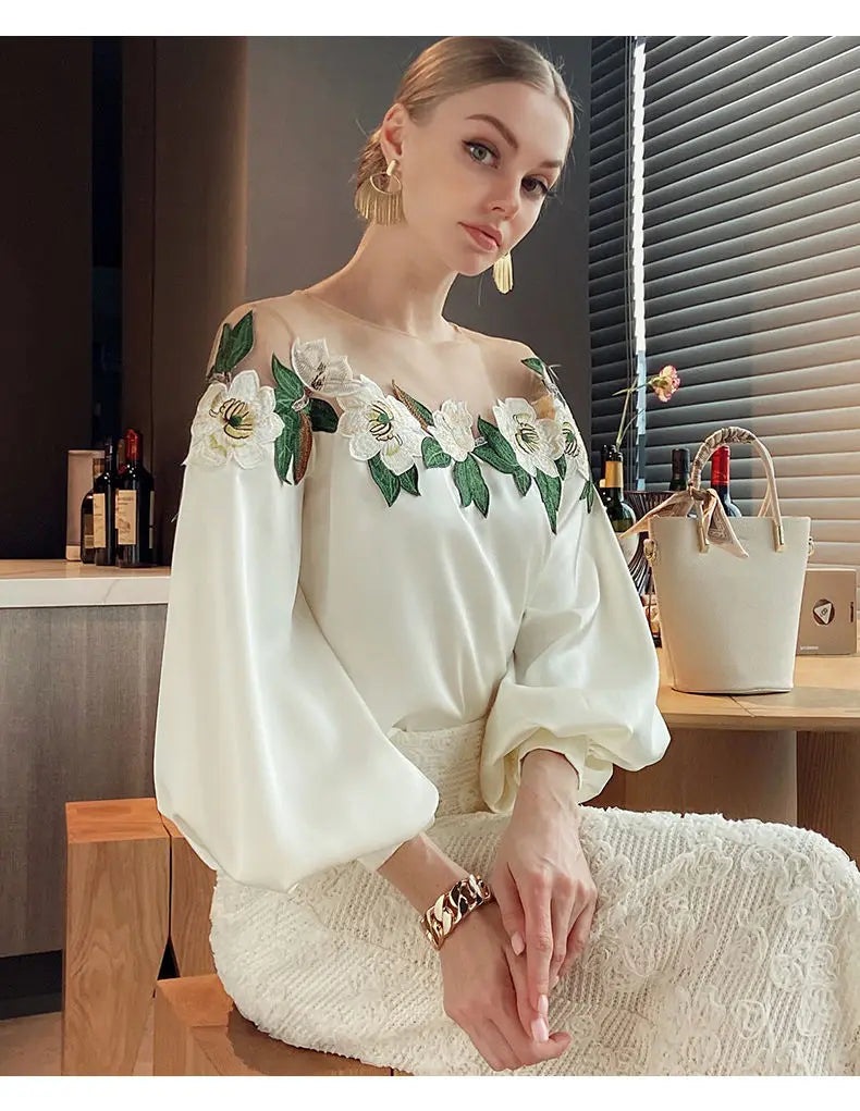 Summer Women Long Sleeve Off Shoulder Mesh Spliced Satin Embroidered Shirt Women Tops Shirts for Women Blusa Chifon Blouse C270