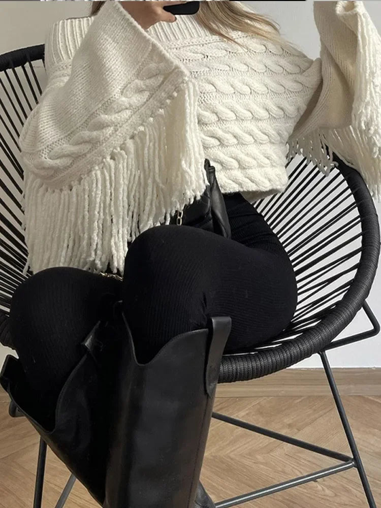 Tassels Solid Women Sweater Off Shoulder Knitted Female Pullover 2024 Autumn Elegant Casual Loose Long Sleeves Lady Sweaters