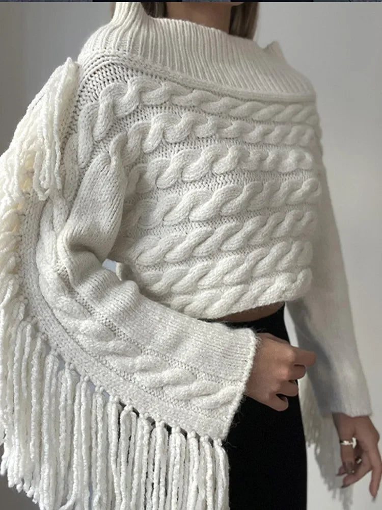Tassels Solid Women Sweater Off Shoulder Knitted Female Pullover 2024 Autumn Elegant Casual Loose Long Sleeves Lady Sweaters