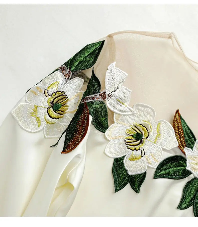 Summer Women Long Sleeve Off Shoulder Mesh Spliced Satin Embroidered Shirt Women Tops Shirts for Women Blusa Chifon Blouse C270
