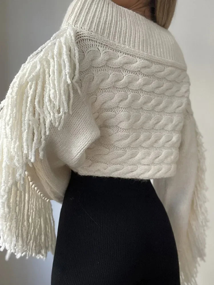 Tassels Solid Women Sweater Off Shoulder Knitted Female Pullover 2024 Autumn Elegant Casual Loose Long Sleeves Lady Sweaters