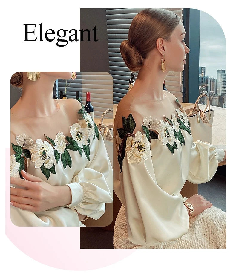 Summer Women Long Sleeve Off Shoulder Mesh Spliced Satin Embroidered Shirt Women Tops Shirts for Women Blusa Chifon Blouse C270
