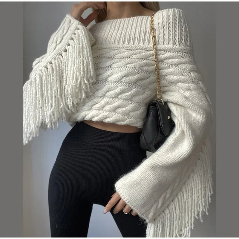 Tassels Solid Women Sweater Off Shoulder Knitted Female Pullover 2024 Autumn Elegant Casual Loose Long Sleeves Lady Sweaters