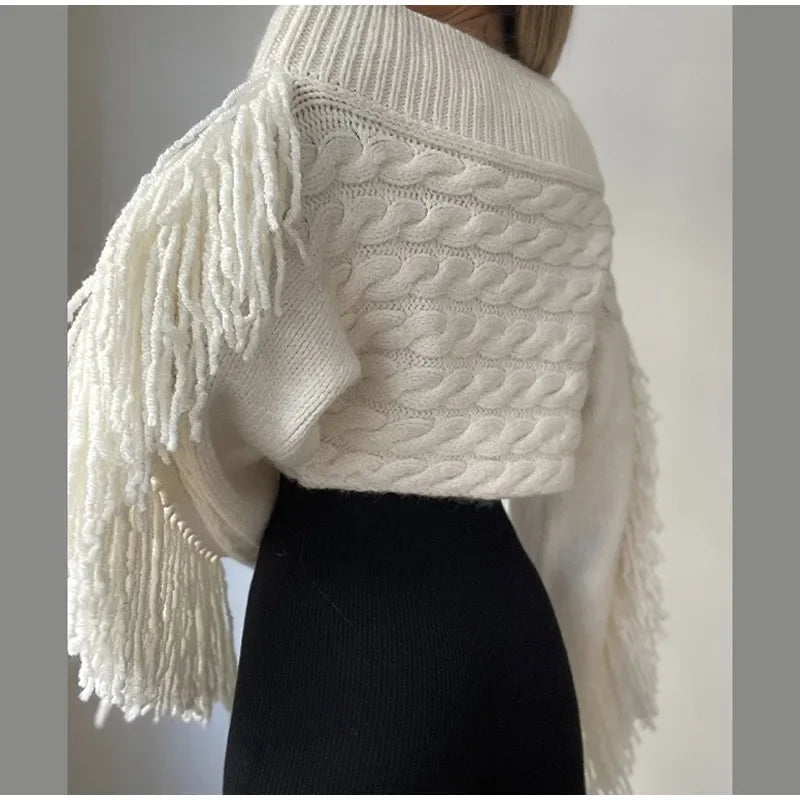 Tassels Solid Women Sweater Off Shoulder Knitted Female Pullover 2024 Autumn Elegant Casual Loose Long Sleeves Lady Sweaters