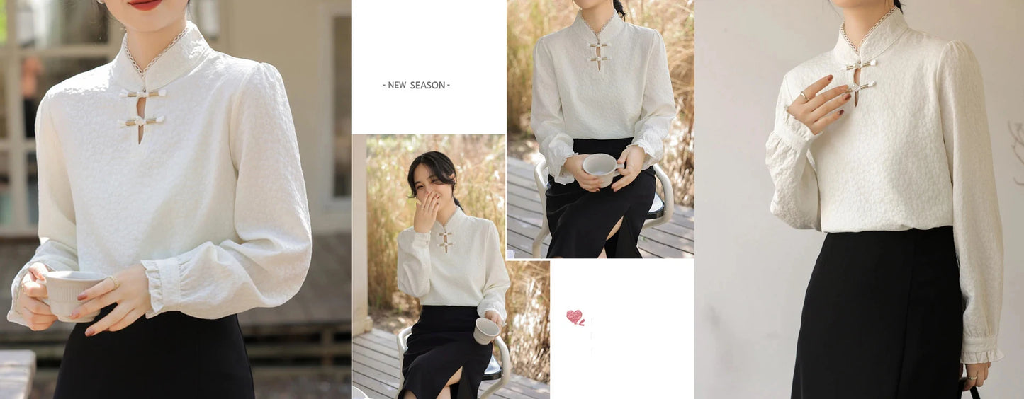 Summer Women Long Sleeve Off Shoulder Mesh Spliced Satin Embroidered Shirt Women Tops Shirts for Women Blusa Chifon Blouse C270