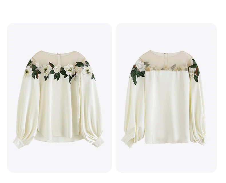 Summer Women Long Sleeve Off Shoulder Mesh Spliced Satin Embroidered Shirt Women Tops Shirts for Women Blusa Chifon Blouse C270