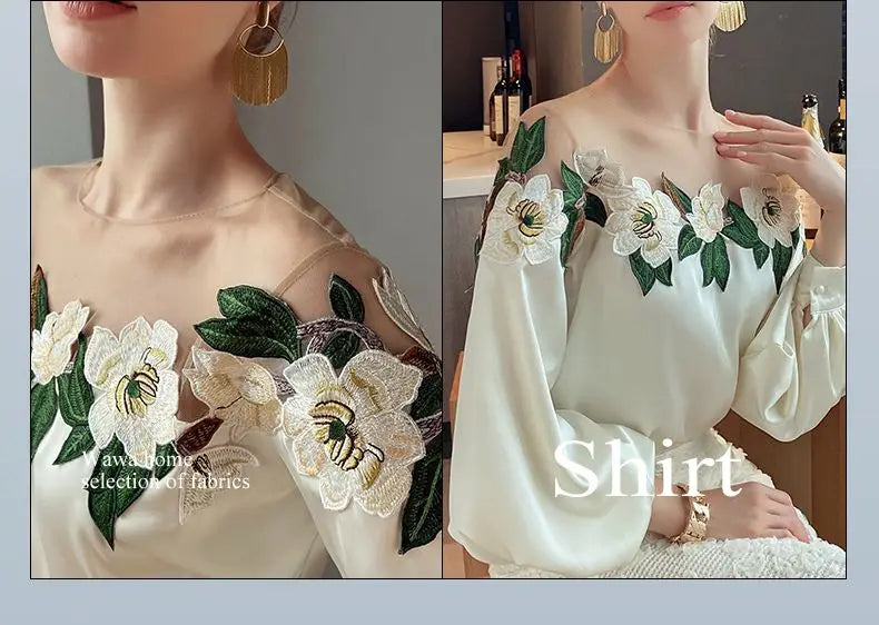 Summer Women Long Sleeve Off Shoulder Mesh Spliced Satin Embroidered Shirt Women Tops Shirts for Women Blusa Chifon Blouse C270