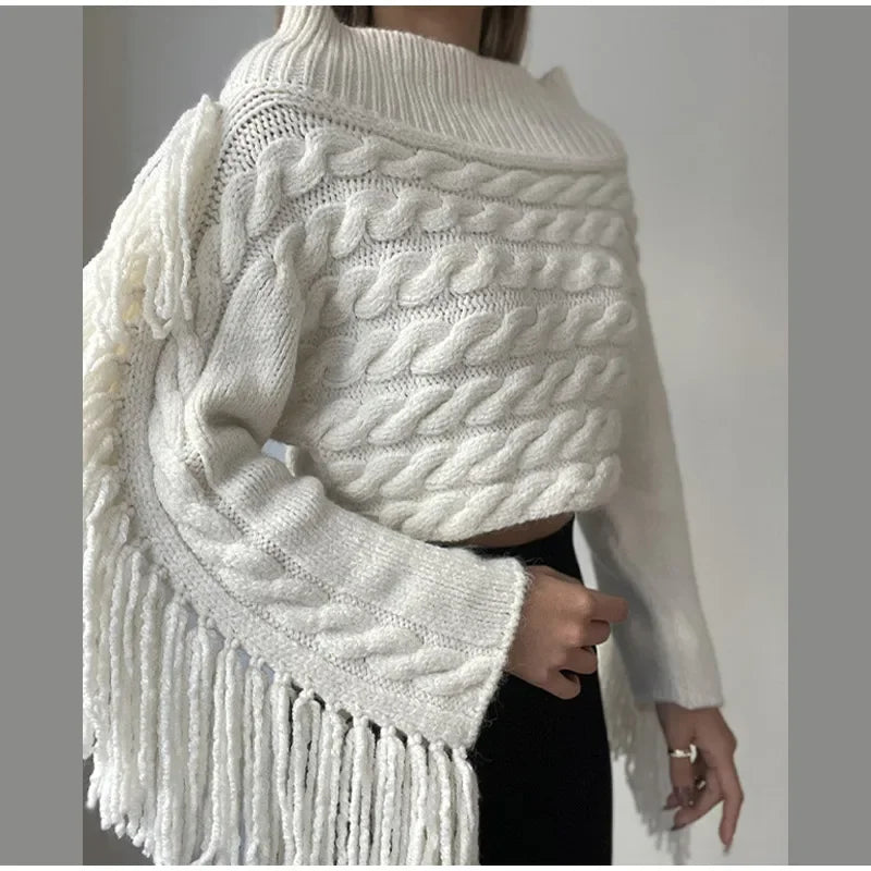 Tassels Solid Women Sweater Off Shoulder Knitted Female Pullover 2024 Autumn Elegant Casual Loose Long Sleeves Lady Sweaters