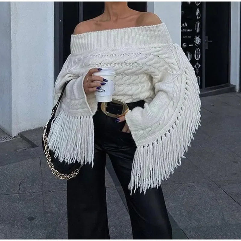 Tassels Solid Women Sweater Off Shoulder Knitted Female Pullover 2024 Autumn Elegant Casual Loose Long Sleeves Lady Sweaters
