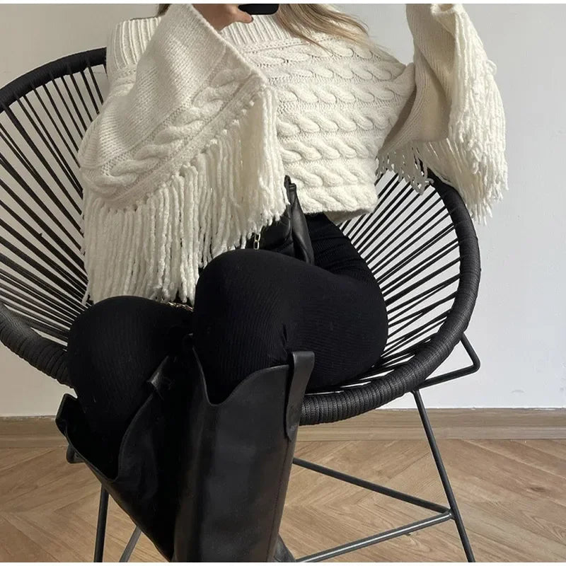 Tassels Solid Women Sweater Off Shoulder Knitted Female Pullover 2024 Autumn Elegant Casual Loose Long Sleeves Lady Sweaters