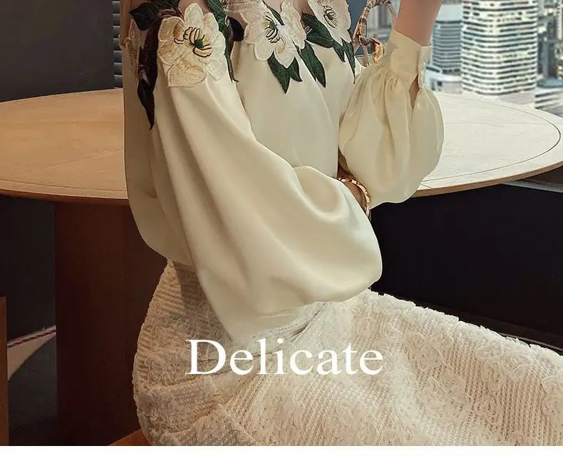 Summer Women Long Sleeve Off Shoulder Mesh Spliced Satin Embroidered Shirt Women Tops Shirts for Women Blusa Chifon Blouse C270