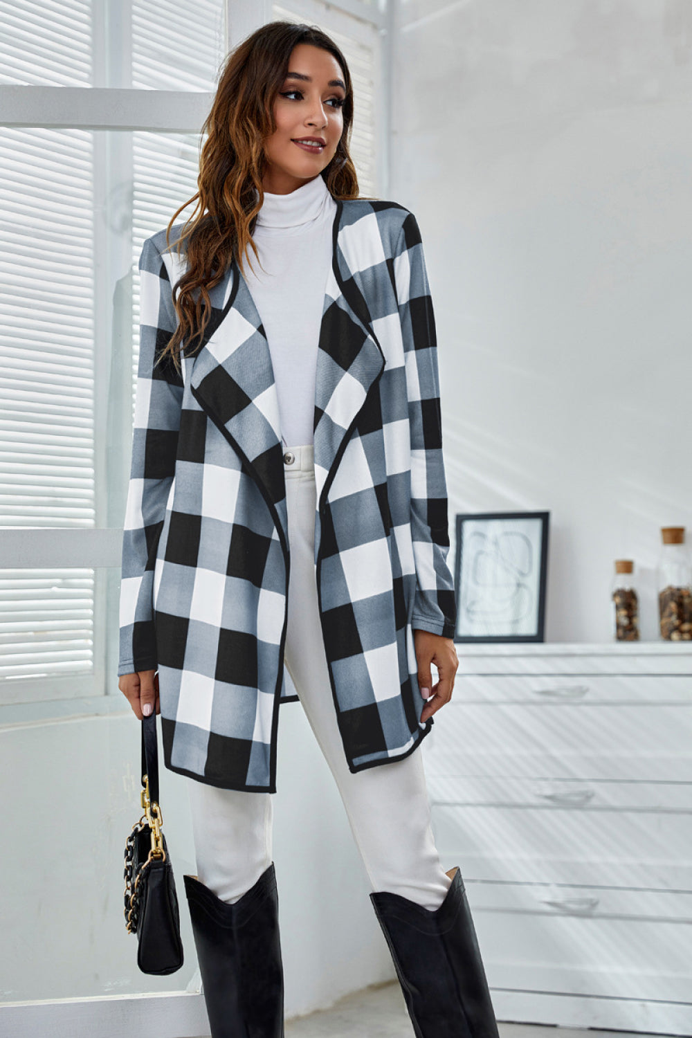 Plaid Waterfall Collar Coat