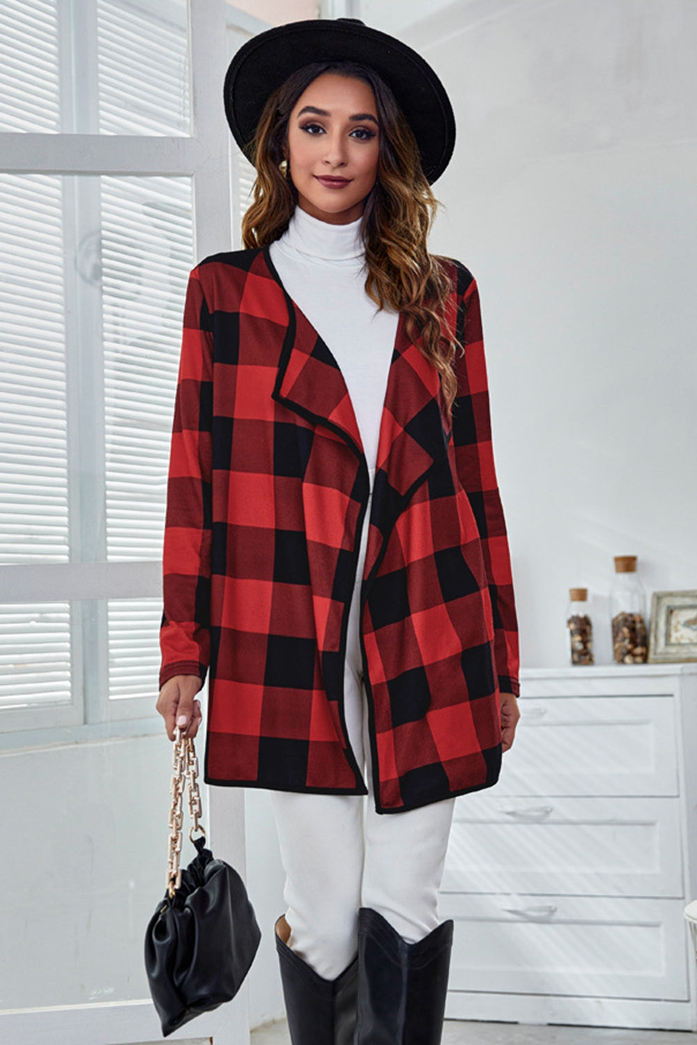 Plaid Waterfall Collar Coat