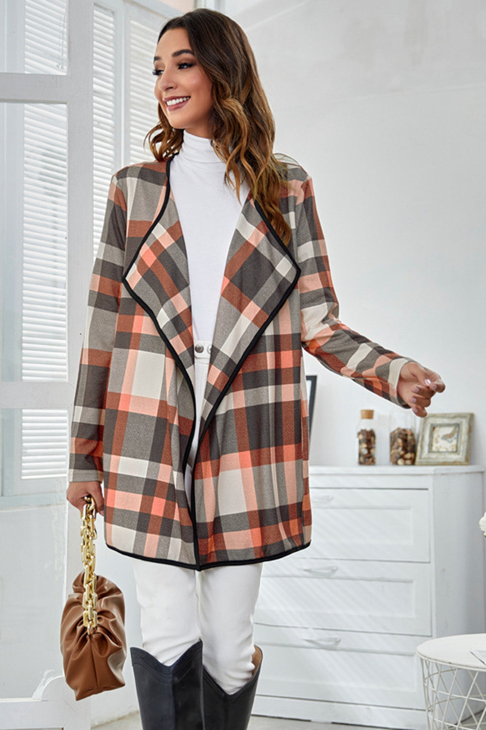 Plaid Waterfall Collar Coat