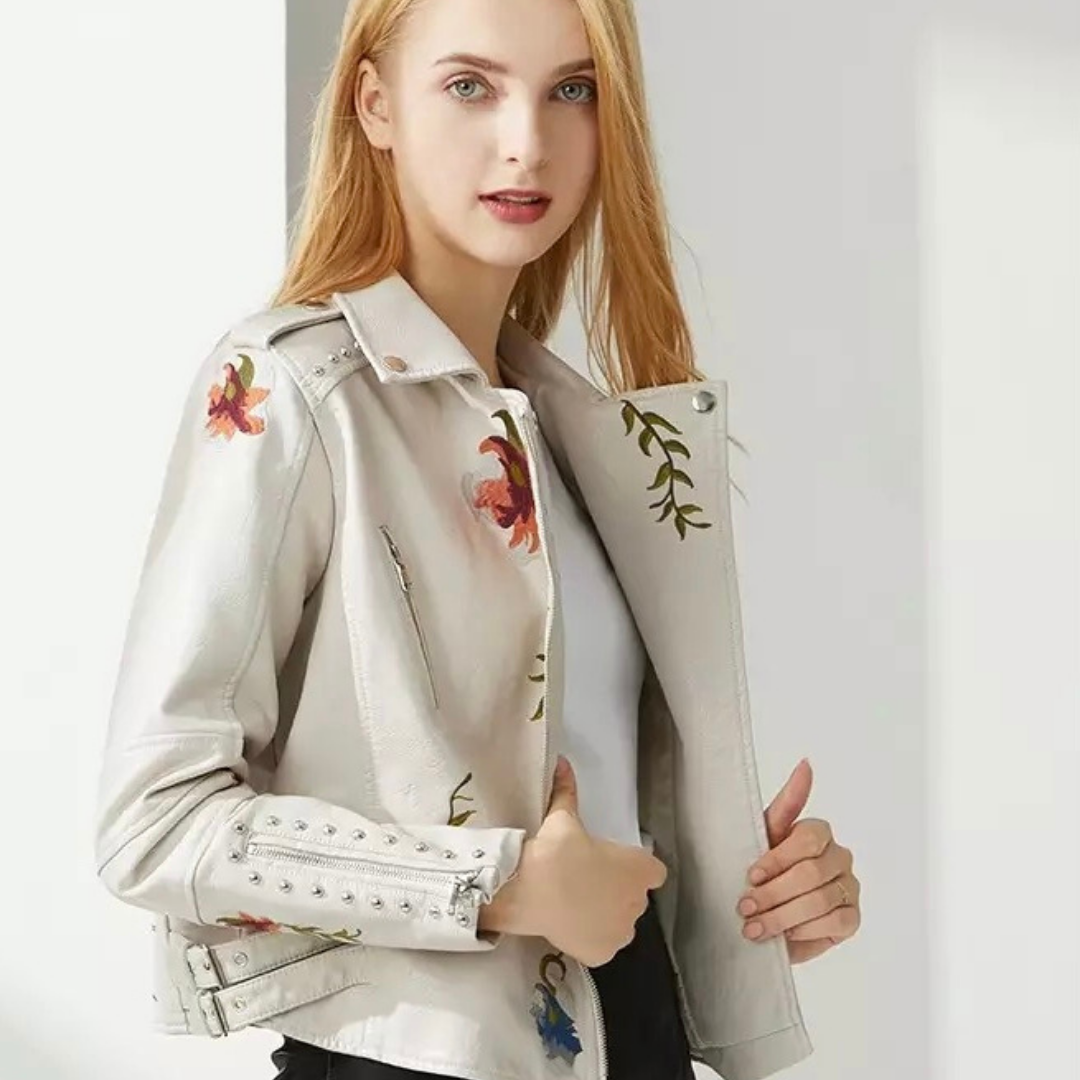 Women Retro Floral Print Embroidery Faux Soft Leather Jacket Coat
