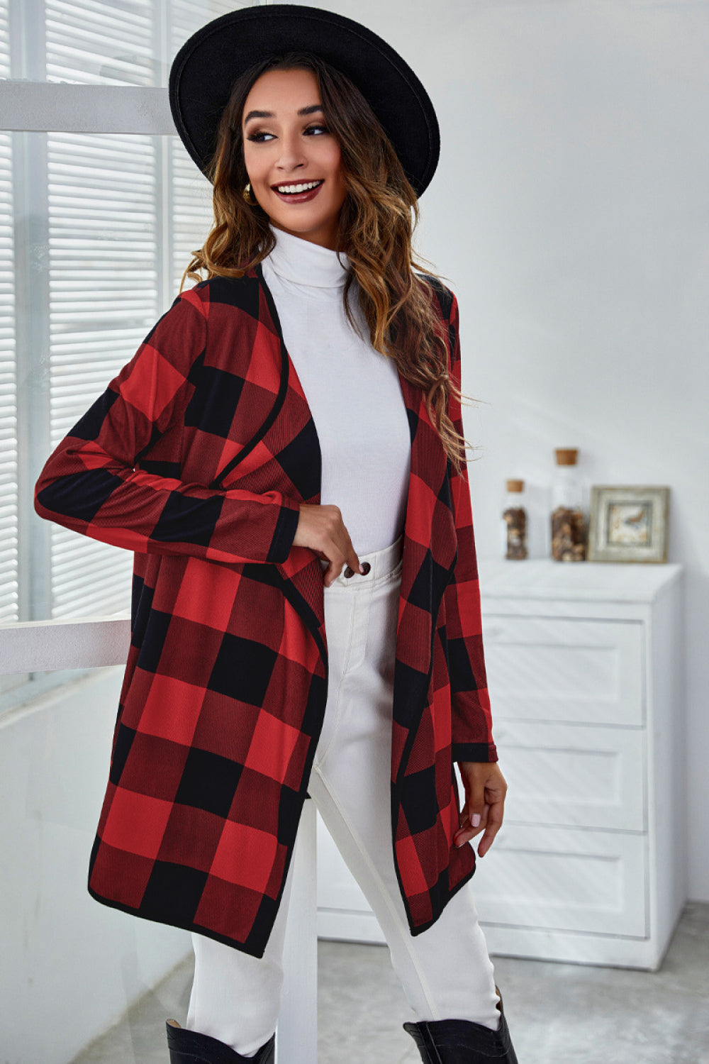 Plaid Waterfall Collar Coat