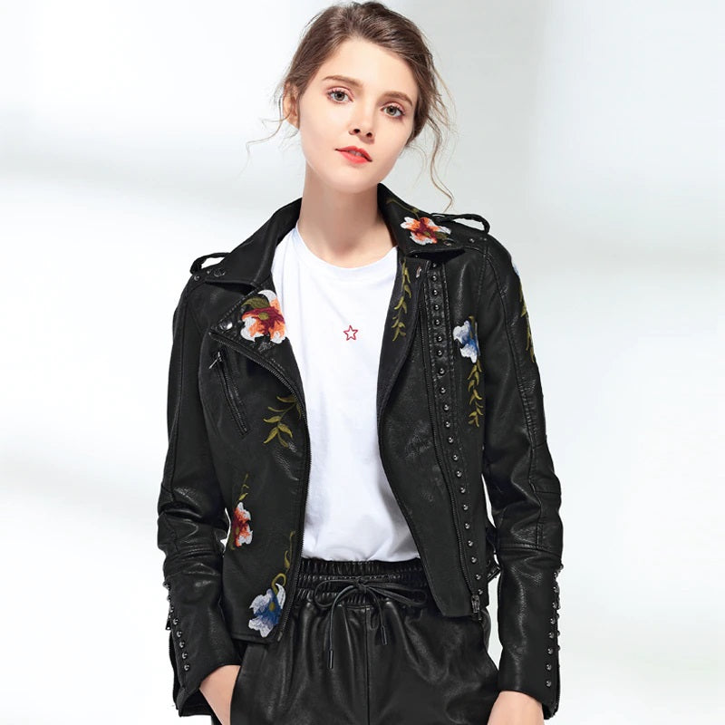 Women Retro Floral Print Embroidery Faux Soft Leather Jacket Coat Turndown Collar