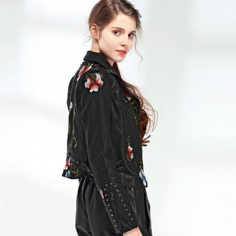 Women Retro Floral Print Embroidery Faux Soft Leather Jacket Coat Turndown Collar