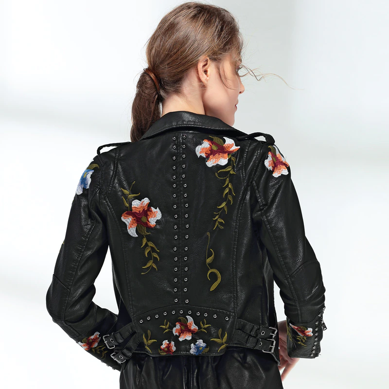 Women Retro Floral Print Embroidery Faux Soft Leather Jacket Coat Turndown Collar