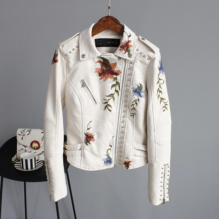 Women Retro Floral Print Embroidery Faux Soft Leather Jacket Coat Turndown Collar