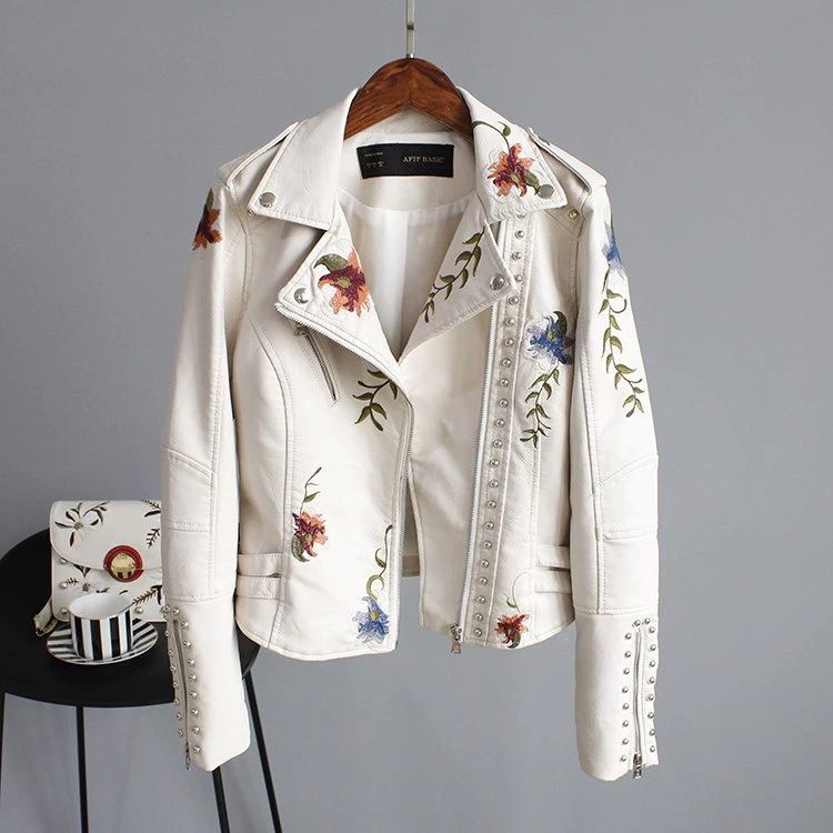 Women Retro Floral Print Embroidery Faux Soft Leather Jacket Coat Turndown Collar