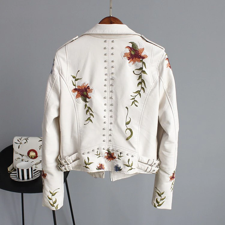 Women Retro Floral Print Embroidery Faux Soft Leather Jacket Coat Turndown Collar