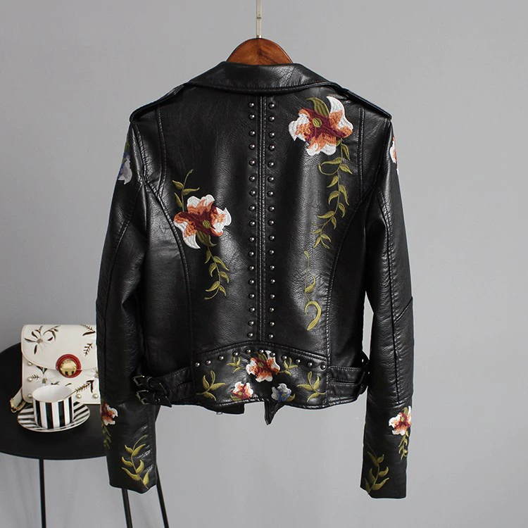 Women Retro Floral Print Embroidery Faux Soft Leather Jacket Coat Turndown Collar