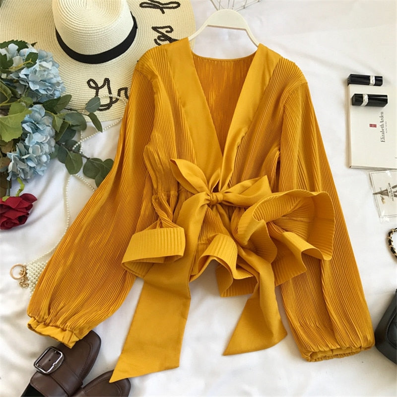 Vintage Grace Women Blouse New Fashion Elegant V-Neck Shirt - GigaWorldStore