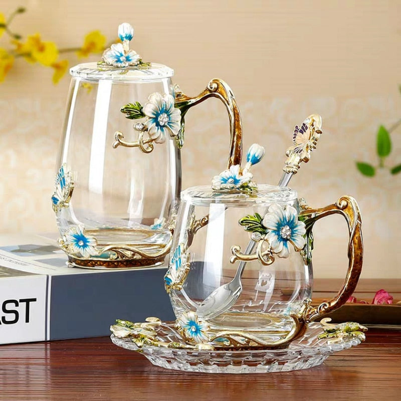 Coffee Cup Mug Flower Tea Glass Cups for Hot and Cold Drinks Tea Cup Spoon Set