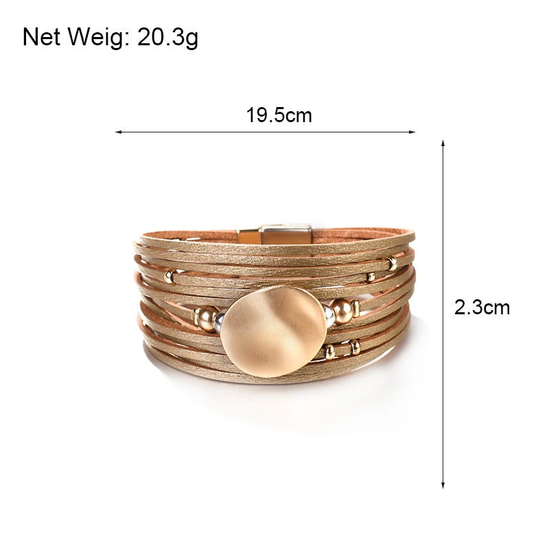 Metal Round Charm Leather Bracelets Fashion 14 Strips Bohemian Multilayer Wide Wrap