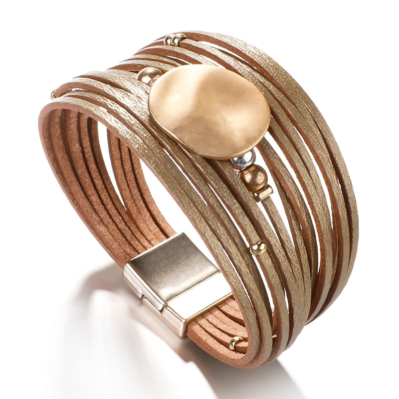 Metal Round Charm Leather Bracelets Fashion 14 Strips Bohemian Multilayer Wide Wrap