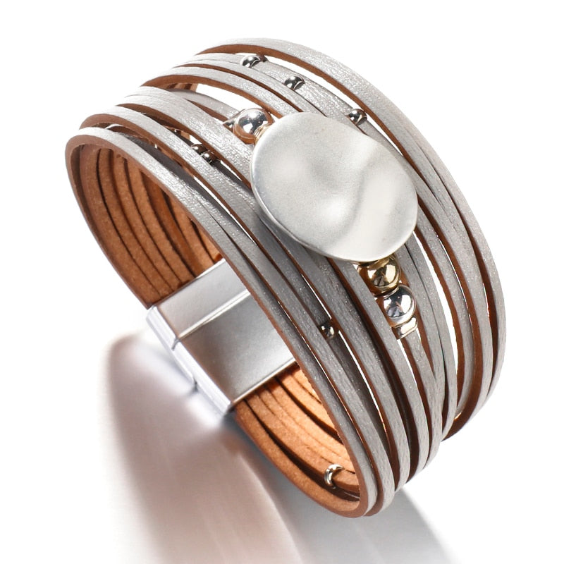 Metal Round Charm Leather Bracelets Fashion 14 Strips Bohemian Multilayer Wide Wrap