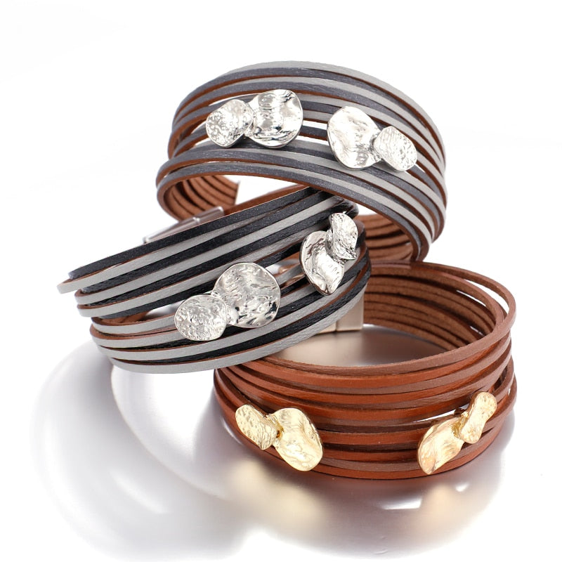 Metal Round Charm Leather Bracelets Fashion 14 Strips Bohemian Multilayer Wide Wrap
