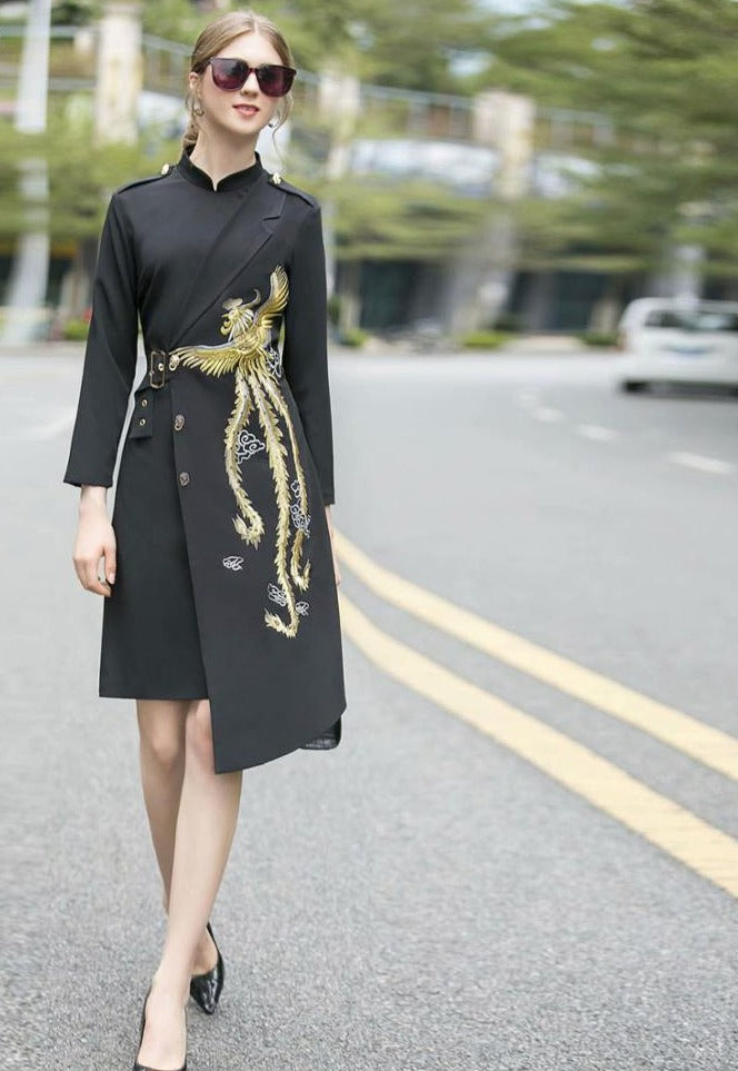 Fashion Designer dress Fall Winter Stand collar Embroidery Elegant Asymmetrical Coat