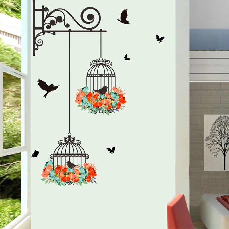 Flower birdcage flying birds wall sticker Creative home decor living room Decals wallpaper decor