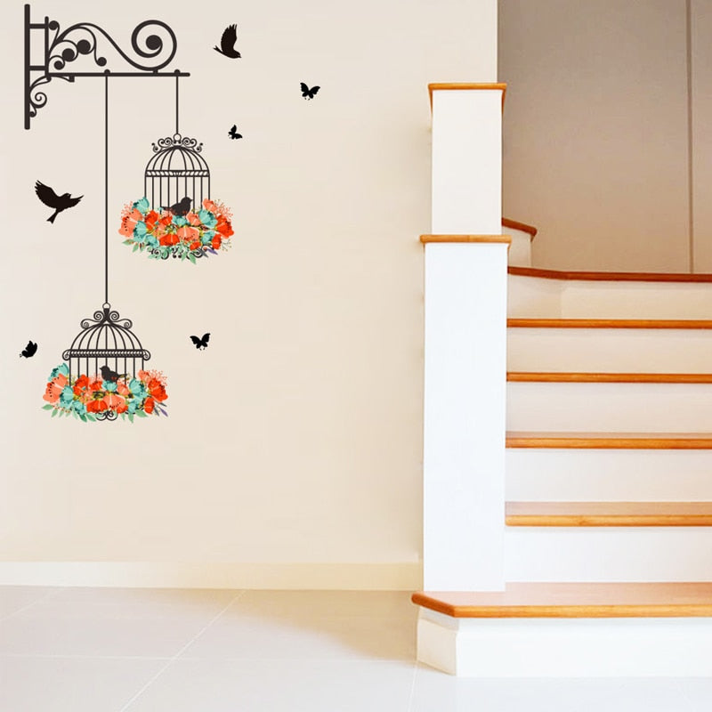 Flower birdcage flying birds wall sticker Creative home decor living room Decals wallpaper decor