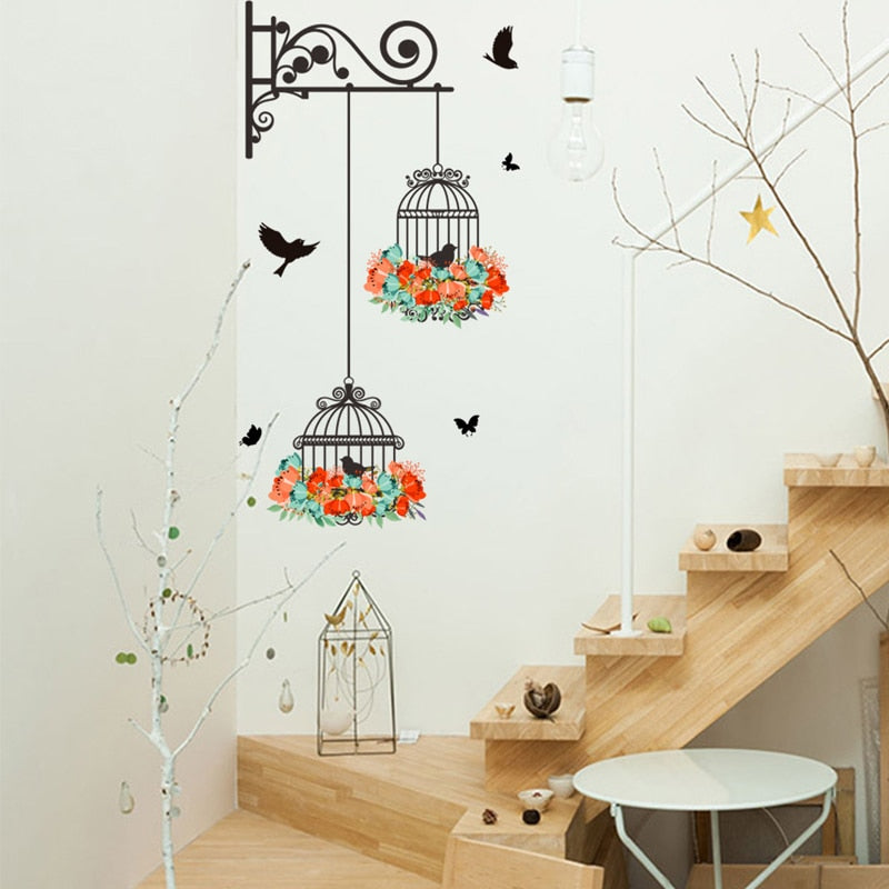 Flower birdcage flying birds wall sticker Creative home decor living room Decals wallpaper decor