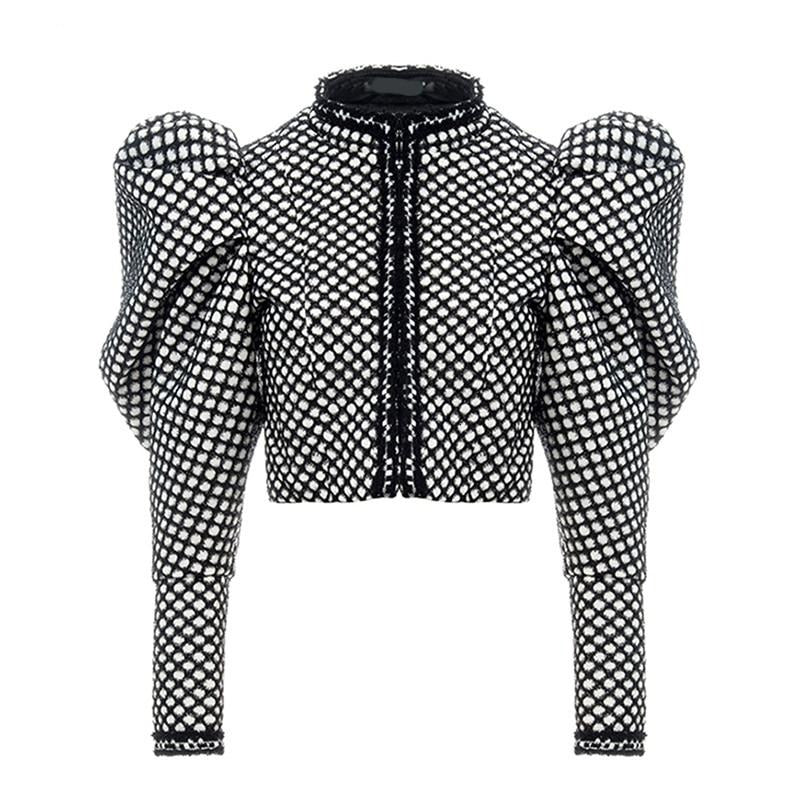 Ruched Plaid Coat For Women O Neck Puff Sleeve Short Female Coat Streetwear