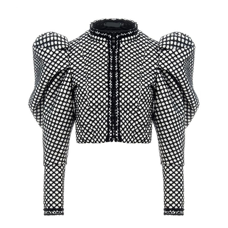 Ruched Plaid Coat For Women O Neck Puff Sleeve Short Female Coat Streetwear 