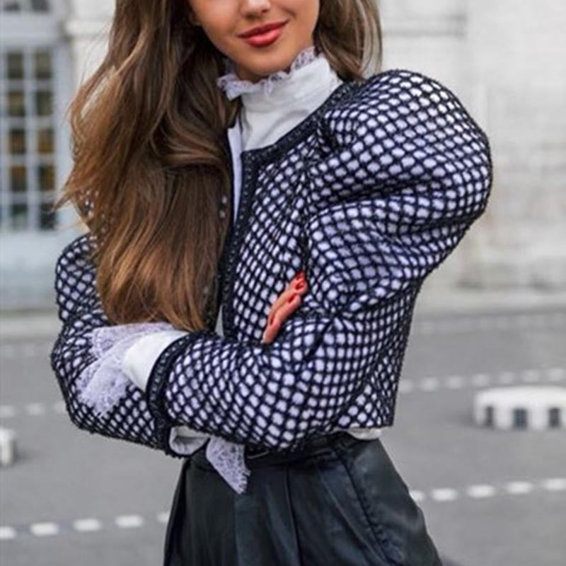 Ruched Plaid Coat For Women O Neck Puff Sleeve Short Female Coat Streetwear