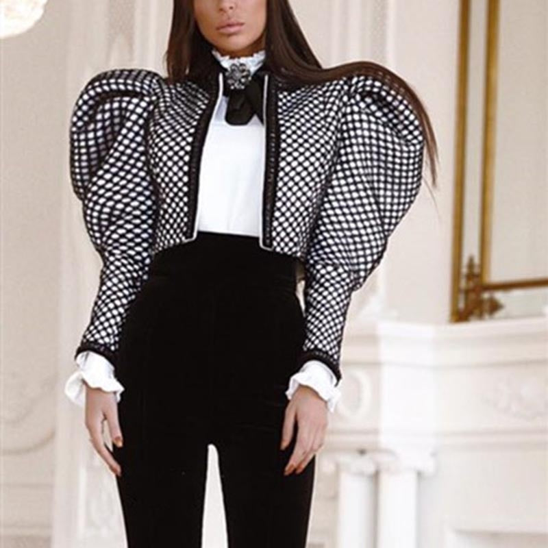 Ruched Plaid Coat For Women O Neck Puff Sleeve Short Female Coat Streetwear