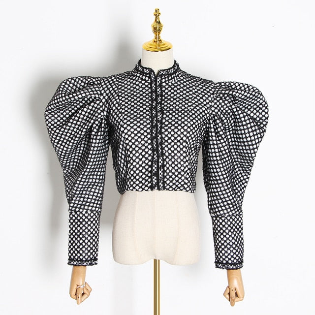 Ruched Plaid Coat For Women O Neck Puff Sleeve Short Female Coat Streetwear
