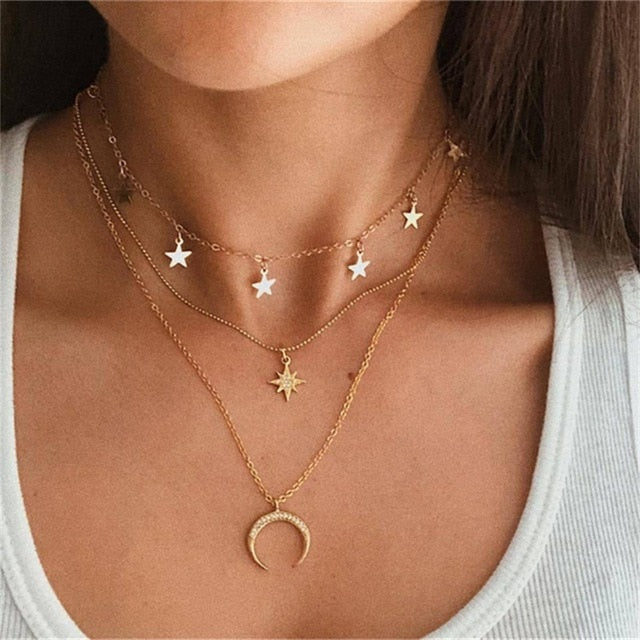 Bohemian Gold Moon Choker Chains Statement Star Map Heart Pendant Necklaces