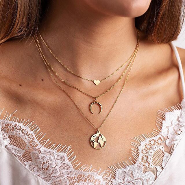 Bohemian Gold Moon Choker Chains Statement Star Map Heart Pendant Necklaces