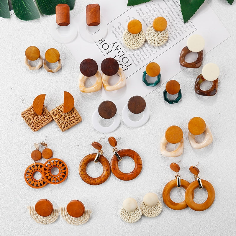 Handmade Wooden Straw Weave Rattan Vine Braid Drop Earrings Geometric