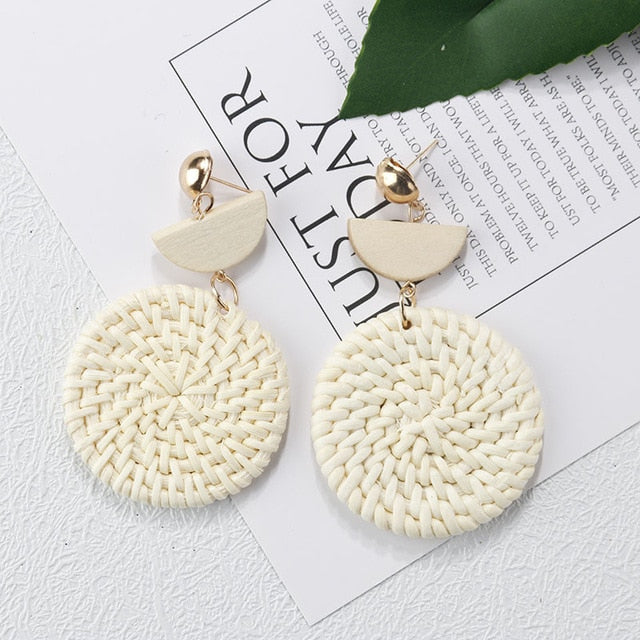 Handmade Wooden Straw Weave Rattan Vine Braid Drop Earrings Geometric
