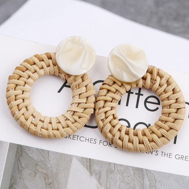 Handmade Wooden Straw Weave Rattan Vine Braid Drop Earrings Geometric