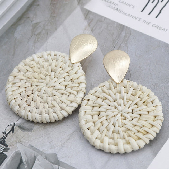 Handmade Wooden Straw Weave Rattan Vine Braid Drop Earrings Geometric