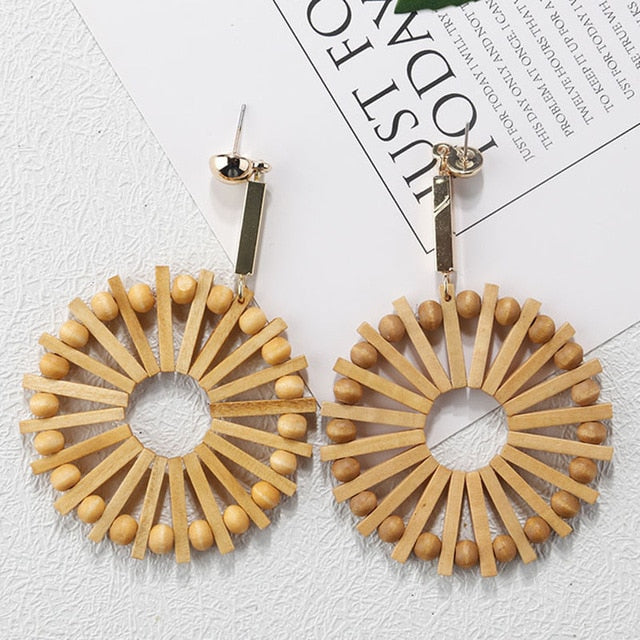 Handmade Wooden Straw Weave Rattan Vine Braid Drop Earrings Geometric